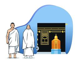 pareja de peregrinos del hajj frente a maqam ibrahim y kaaba vector