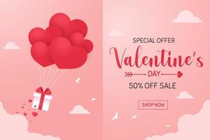 Heart balloons floating in the sky with a gift box sprinkled with red hearts on Valentine's Day. vector