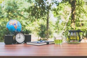 Office desk with nature background photo