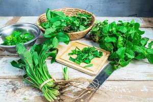 Green herbs on a table photo