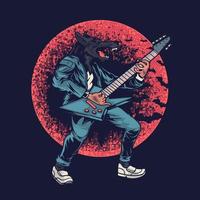 lobo sobre un fondo de luna roja. un guitarrista con pintura de diseño de cabeza de lobo para ropa de camiseta estampada de ropa vector