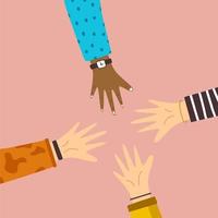 Hands of diverse group of people putting together. People promise each other. Friends with hands showing unity and teamwork, top view. Concept of team work. Flat colorful cartoon vector illustration