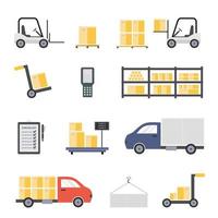 Warehouse with staff, storage building, shelves with goods, unloading cargo. vector