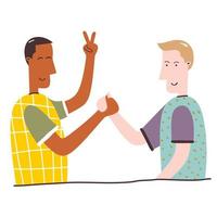 Two teenagers man holding hands each other cartoon characters on a white background. Excited, smiling young men, office workers, colleagues, brothers. Concept of friendship. Flat vector illustration