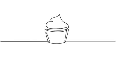 un dibujo de una sola línea de pastel de muffin dulce. delicioso menú de la tienda de cupcakes y concepto de insignia de restaurante. vector