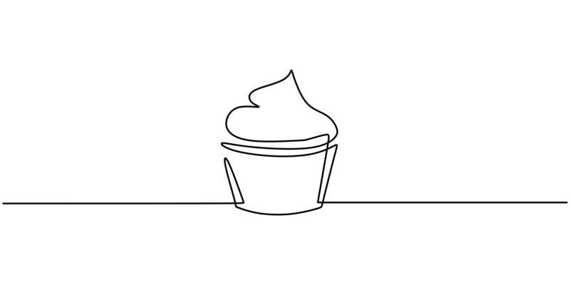 One single line drawing of sweet muffin cake. Delicious cupcake shop menu and restaurant badge concept.