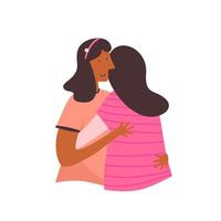 una niña está abrazando a una niña con una cara sonriente. La niña alegre está muy feliz cuando se encuentra con su mejor amiga y se abrazan. concepto de amistad femenina. ilustración vectorial de un diseño plano vector