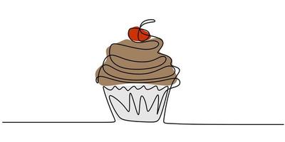 Cupcake with decoration and cherry continuous line drawing element isolated on white background. vector