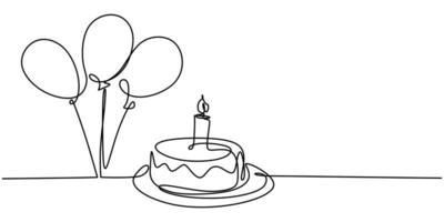 Continuous line drawing of birthday cake. A cake with sweet cream and candle. vector