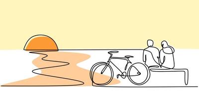 dibujo de una línea de pareja sentada en la playa con bicicleta. vector