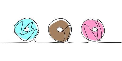 Donut continuous one line drawing for restaurant. Fresh sweet delicious American donuts restaurant logo emblem.