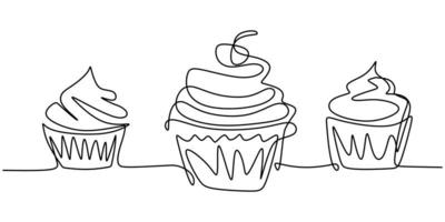 Cupcake con decoración y elemento de dibujo de línea continua cereza aislado sobre fondo blanco. vector