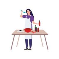 Mujer cocinando con delantal con mesa de madera, en fondo blanco. vector