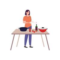 Mujer cocinando con mesa de madera, en fondo blanco. vector