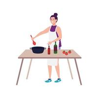 Mujer cocinando con delantal con mesa de madera, sobre fondo blanco. vector