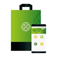 Mockup bag paper y smartphone con signo de empresa verde, identidad corporativa vector