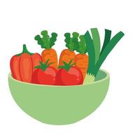 Tomates y verduras frescas en un tazón, en fondo blanco. vector