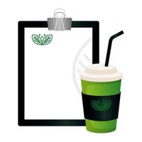 maqueta de café desechable y portapapeles con signo de empresa verde, identidad corporativa vector