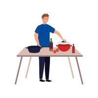 Hombre cocinando con mesa de madera sobre fondo blanco. vector