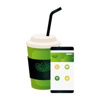 maqueta de café desechable y teléfono inteligente con signo de empresa verde, identidad corporativa vector
