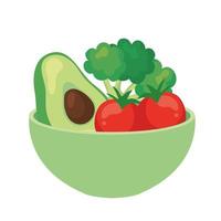 Aguacate y verduras en un recipiente, sobre fondo blanco. vector