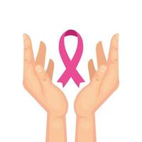 hands with pink ribbon of breast cancer awareness vector design