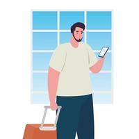 Hombre turista con smartphone con equipaje en fondo blanco. vector