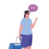 tourist woman with luggage and speech bubble vector