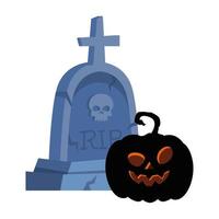 Lápida de Halloween con calabaza oscura en fondo blanco. vector