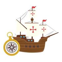 Nave Colón con diseño de vector de brújula de oro