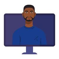 caricatura, hombre negro, en, computadora, vector, diseño