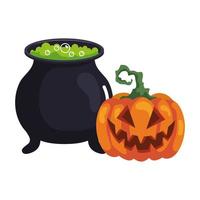 halloween, cauldron witch with pumpkin on white background vector