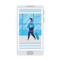 tourist woman with luggage in smartphone, application online travel vector