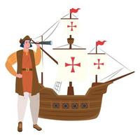 Dibujos animados de Cristóbal Colón con telescopio y diseño vectorial de barco vector