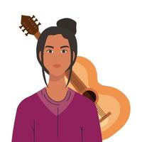 caricatura de mujer asiática frente a diseño de vector de guitarra