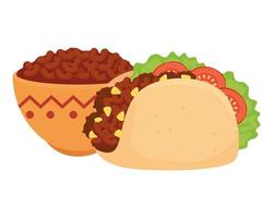 bowl with delicious beans and taco mexican on white background vector