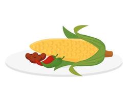 ripe corn cob with beans and chili peppers, in white background vector