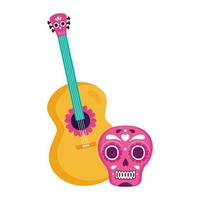 Calavera mexicana rosa con guitarra, sobre fondo blanco. vector