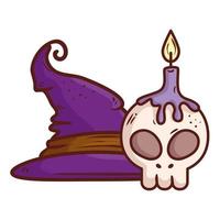 Halloween, sombrero de bruja y calavera con vela sobre fondo blanco. vector