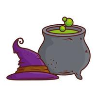 halloween, cauldron and hat witch in white background vector