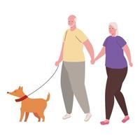 Linda pareja de ancianos caminando con mascota perro