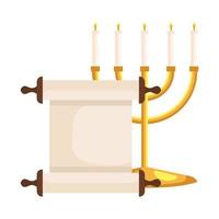 candles in candlesticks with papyrus scroll, on white background vector