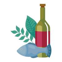 bottle of wine with fish and leaves, in white background vector