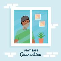 stay home, quarantine or self isolation, house facade with window and young man look out of home, stay safe quarantine concept vector
