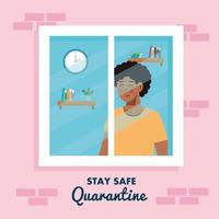 stay home, quarantine or self isolation, house facade with window and man look out of home, stay safe quarantine concept vector