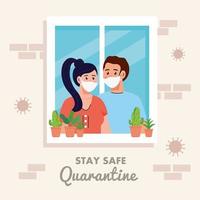 stay home, quarantine or self isolation, house facade with window and couple look out of home, stay safe quarantine concept vector