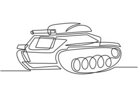 One continuous line drawing of Tank. An armored fighting vehicle designed for front-line combat and war. vector