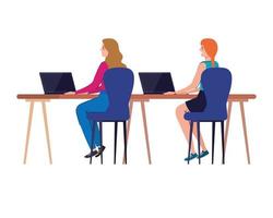 women cartoons with laptops at desk working vector design