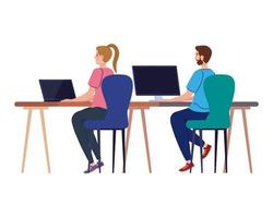 Man and woman cartoons with laptop and computer at desk working vector design