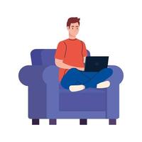 Man cartoon with laptop on chair working vector design